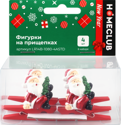 Украшение елочное Homeclub классика, Фигурки на прищепках, 3х1.2х3.8см; 2.8х2х3.5см; 2.7х3.3х1.7см; 4.6х0.7х1см, в ассортименте, 4шт, фотография