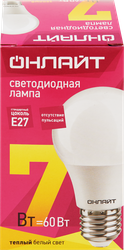 Лампа светодиодная ОНЛАЙТ Груша 7Вт, E27, теплый свет, Арт. 71647, вид