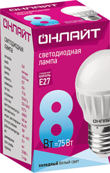 Лампа светодиодная ОНЛАЙТ Шар 8Вт, E27, холодный свет, Арт. 71627, картинка