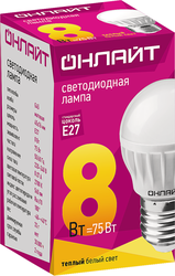Лампа светодиодная ОНЛАЙТ Шар 8Вт, E27, теплый свет, Арт. 71626, крупный план
