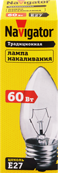 Лампа накаливания NAVIGATOR 60Вт Е27, прозрачная, свеча, крупный план