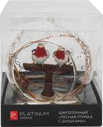 Шар елочный Platinum Choice лес, Лесная птичка с шишками, прозрачный, 8см, крупный план