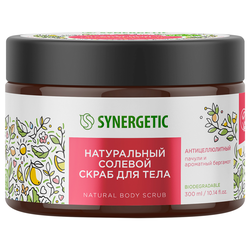 Скраб для тела SYNERGETIC Антицеллюлитный, Пачули и ароматный бергамот, натуральный солевой, 300мл, вид