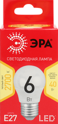 Лампа светодиодная ЭРА Red line LED P45, Е27 6Вт, шар, теплый белый свет Арт. Б0049643, крупный план