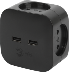 Разветвитель электрический ЭРА SP-4-USB-B на 4 розетки+2xUSB, 2400mA, без заземления, 10А, черный, Арт. Б0049536, крупный план