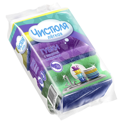 Губки для мытья посуды, раковины, плит ЧИСТЮЛЯ, 3шт, крупный план