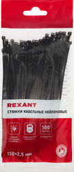 Стяжка кабельная REXANT 150x2,5мм, черная нейлоновая, Арт. 07-0151, 100шт, фотография