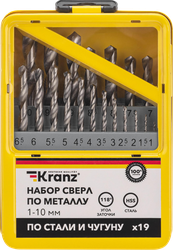 Набор сверл по металлу KRANZ 19 предметов 1–10мм, HSS, с цилиндрическим хвостовиком, Арт. KR-91-0630, фотография
