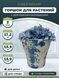 Кашпо для цветов 2 литра с дренажным вкладышем, изготовлено из композитного пластика, цвет белый c голубым рисунком, детальное фото