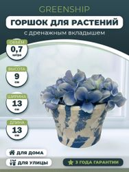 Кашпо для цветов 0,7 литра с дренажным вкладышем, изготовлено из композитного пластика, цвет белый c голубым рисунком, фотография