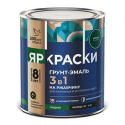 Грунт-эмаль ЯРКРАСКИ на ржавчину 3 в 1 гладкая зеленая RAL 6005, банка 0,8 кг, фотография