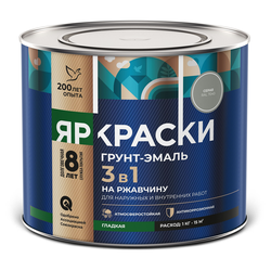 Грунт-эмаль ЯРКРАСКИ на ржавчину 3 в 1 гладкая серая RAL 7040, банка 2 кг, детальное фото