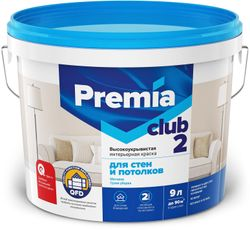 Краска интерьерная для стен и потолков PREMIA CLUB 2 белая база А ведро 9 л, детальное фото