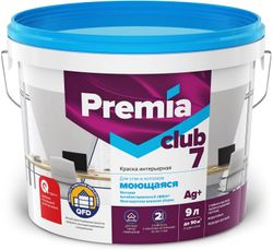 Краска PREMIA CLUB 7 для стен и потолков моющаяся база С ведро 9 л, крупный план