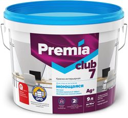 Краска интерьерная PREMIA CLUB 7 для стен и потолков моющаяся, белая база А, 9 л, изображение