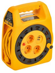 Катушка IEK INDUSTRIAL 3 места с заземлением с термозащитой 2P+PE 3х1,5 мм2 USBх2 LED 15 м, картинка