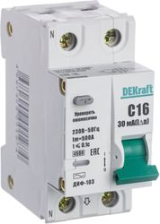 Авто-выключатель дифференциального тока DEKRAFT ДИФ-103 1P+N C16 А 30 мА 4,5 кА, фото