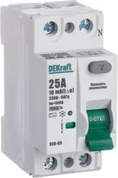 Дифференциальный выключатель DEKRAFT УЗО-03 2P AC25 A 10 мА 6 кА, крупный план