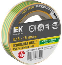 Изолента IEK 0,15х15 мм желто-зеленая 5 м, фото