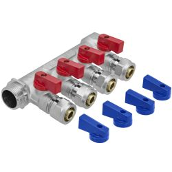 Коллектор 3/4" в/н с отсекающими кранами на 4 выхода 1/2" н + евроконус 16 х 1/2" MPF, изображение