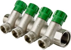 Коллектор с вентилями латунь никелированная VALTEC 1" х 1/2", крупный план
