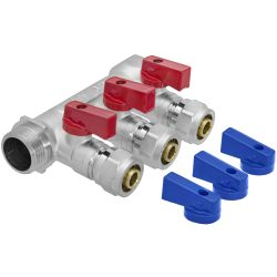 Коллектор 3/4" в/н с отсекающими кранами на 3 выхода 1/2" н + евроконус 16 х 1/2" MPF, крупный план