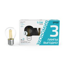Лампа Gauss Basic Filament Шар 5,5W 530lm 4100К Е27 LED (3 лампы в упаковке), детальное фото