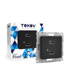 Розетка USB 2 поста TOKOV ELECTRIC PIXEL карбон, крупный план