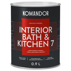 Краска влагостойкая матовая KOMANDOR INTERIOR BATH&KITCHEN 7 БАЗА A 0,9 Л, крупный план
