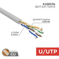 Кабель витая пара REXANT PRO U/UTP, CAT 5e, ZH нг(А)-HF, 4х2х0,52 мм 24AWG, INDOOR, серый, 305м, крупный план