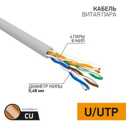 Кабель витая пара PROconnect U/UTP, CAT 5e, PVC, 4PR, 24AWG, INDOOR, SOLID, серый, 305 м, крупный план
