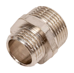 Ниппель переходной, латунь, наружная резьба 3/4"х1/2", никель, RTP, крупный план