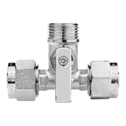 Кран шаровой трёхпроходной MPF D 16х1/2"х16 латунь никель, крупный план