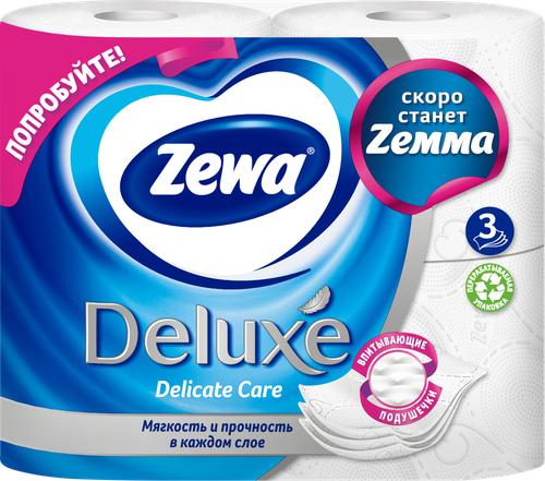 Бумага туалетная ZEWA Deluxe 3-слоя белая, 4шт, картинка