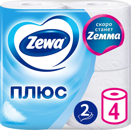 Бумага туалетная ZEWA Plus 2-слоя белая, 4шт, фотография