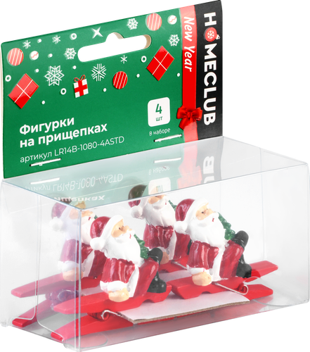 Украшение елочное Homeclub классика, Фигурки на прищепках, 3х1.2х3.8см; 2.8х2х3.5см; 2.7х3.3х1.7см; 4.6х0.7х1см, в ассортименте, 4шт, фото