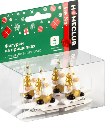 Украшение елочное Homeclub классика, Фигурки на прищепках, 3х1.2х3.8см; 2.8х2х3.5см; 2.7х3.3х1.7см; 4.6х0.7х1см, в ассортименте, 4шт, изображение