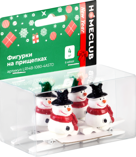 Украшение елочное Homeclub классика, Фигурки на прищепках, 3х1.2х3.8см; 2.8х2х3.5см; 2.7х3.3х1.7см; 4.6х0.7х1см, в ассортименте, 4шт, крупный план