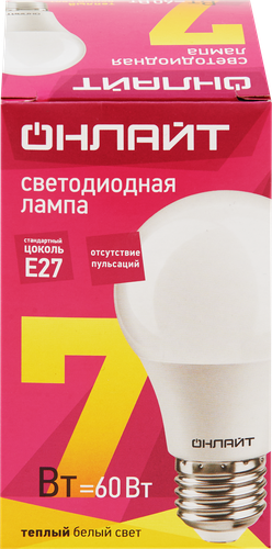 Лампа светодиодная ОНЛАЙТ Груша 7Вт, E27, теплый свет, Арт. 71647, картинка