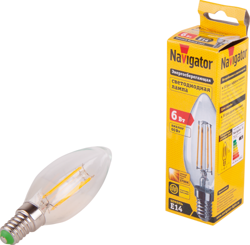 Лампа светодиодная NAVIGATOR Filament Свеча, 6Вт, E14, фотография