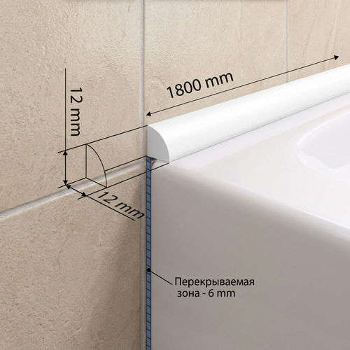Бордюр Акриловый Выпуклый Прямой белый 1,2X1,2X180 см 1 шт., изображение