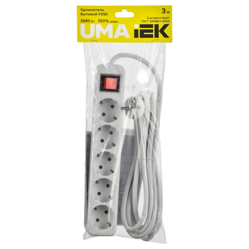Удлинитель IEK бытовой Uma УО5К, 5 гнезд, 2P+PE, 3х1,5мм2, 3м, 16А, белый, крупный план