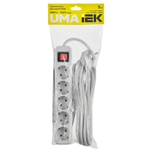 Удлинитель IEK бытовой Uma УО5К, 5 гнезд, 2P+PE, 3х1,5мм2, 5м, 16А, белый, фотография