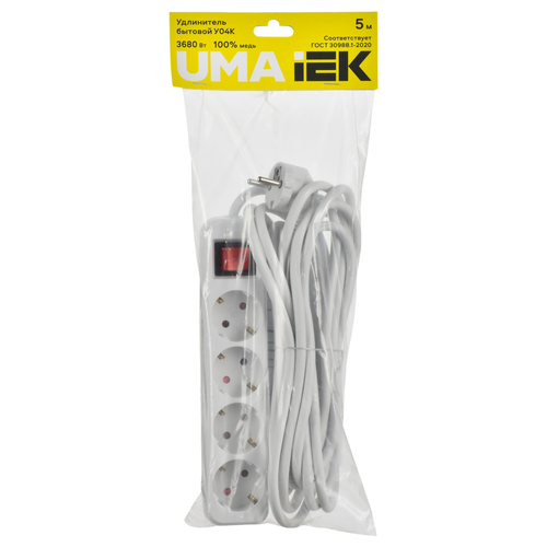 Удлинитель IEK бытовой Uma У04К, 4 гнезда, 2P+PE, 3х1,5мм2, 5м, 16А белый, картинка