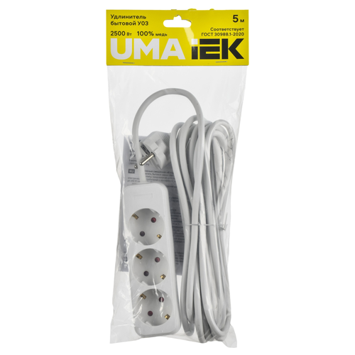 Удлинитель IEK бытовой Uma УОЗ 3 гнезда, 2P+PE, 3х1мм2, 5м, 10А, белый, фото