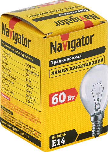Лампа накаливания NAVIGATOR 60Вт Е14, матовая, шар, вид