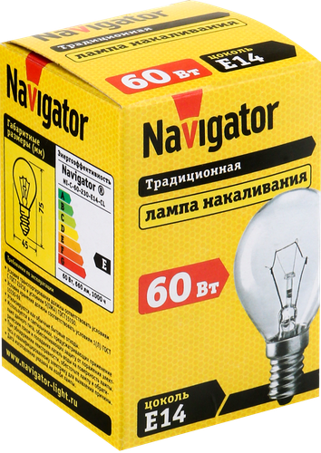 Лампа накаливания NAVIGATOR 60Вт Е14, прозрачная, шар, вид