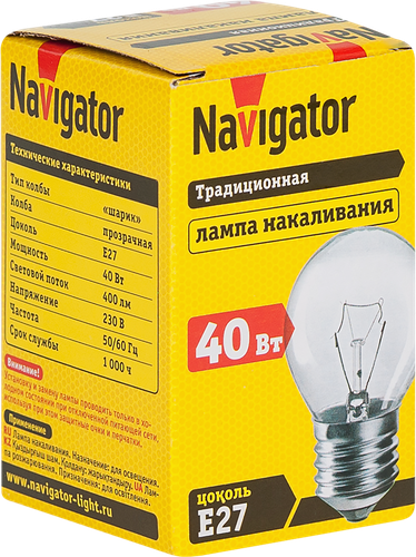 Лампа накаливания NAVIGATOR 40Вт Е27, прозрачная, шар, вид