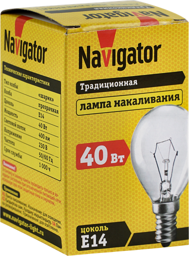 Лампа накаливания NAVIGATOR 40Вт Е14, прозрачная, шар, крупный план