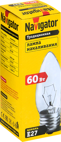 Лампа накаливания NAVIGATOR 60Вт Е27, прозрачная, свеча, вид